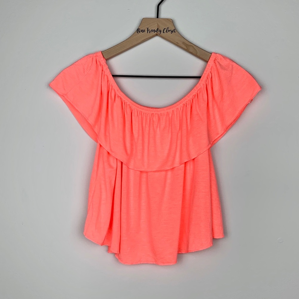 Topshop | Neon Pink Off Shoulder Ruffle Crop Top
